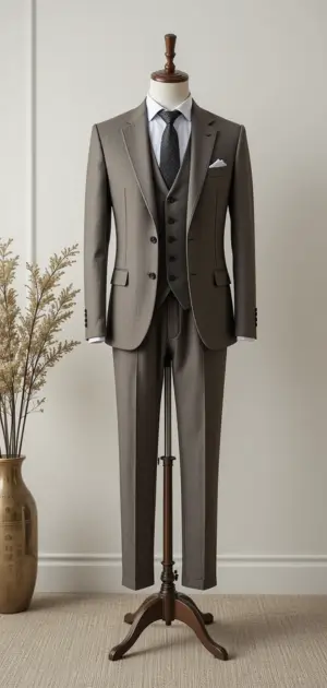 A well-tailored brown three-piece suit on a mannequin, styled formally.