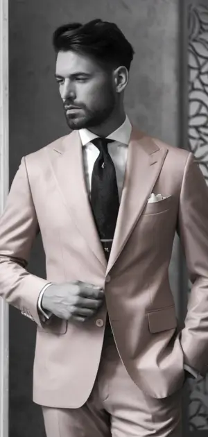 Man wearing a pastel pink formal suit with a black tie and a white pocket square for best pastel clothes for men.