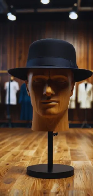 Men's black bowler hat with a curled brim and feather.