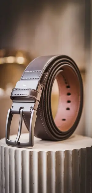 Gray stitched travel belt for men on a pedestal