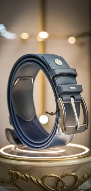 Blue travel belt for men on a classical pedestal
