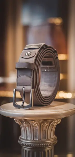 Brown travel belt for men on an ornate pedestal