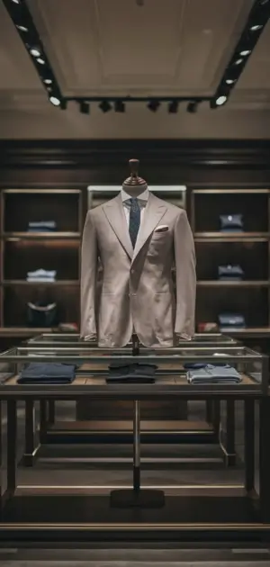 Light gray travel blazer on mannequin in a luxury store.