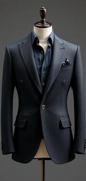 A dark navy double-breasted blazer with a matching shirt and pocket square on a mannequin