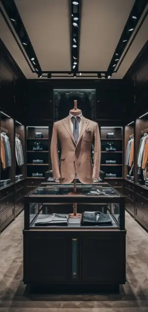 Tan travel blazer showcased in a high-end boutique