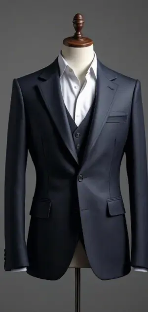 A navy blue three-piece suit with a white shirt on a mannequin