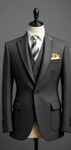 A dark grey three-piece suit with a striped tie and yellow pocket square on a mannequin