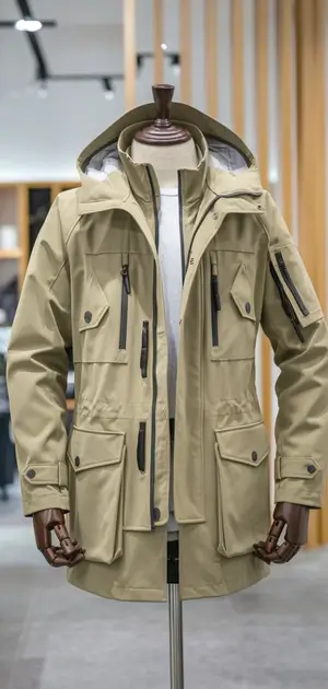 Khaki travel coat with multiple zippers and pockets
