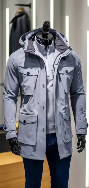 Gray travel coat with a hood and large front pockets
