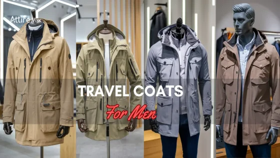 Four travel coats for men displayed on mannequins in various colors and styles