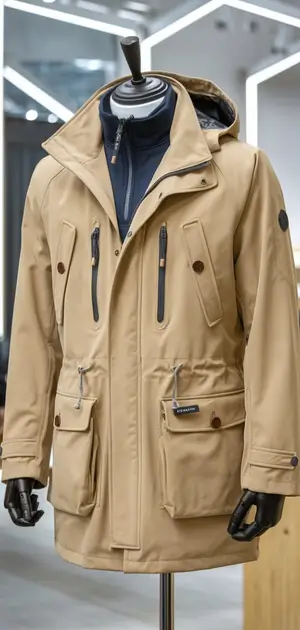 Beige travel coat with multiple pockets displayed on a mannequin
