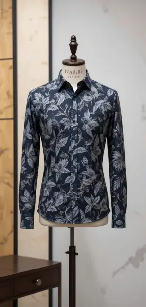 Dark blue floral-patterned shirt, ideal for formal occasions.
