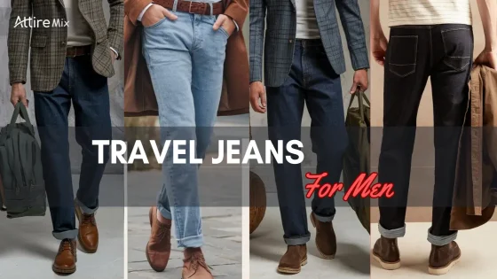Best travel jeans for men Four styles of men's travel jeans featuring durability and classic design.
