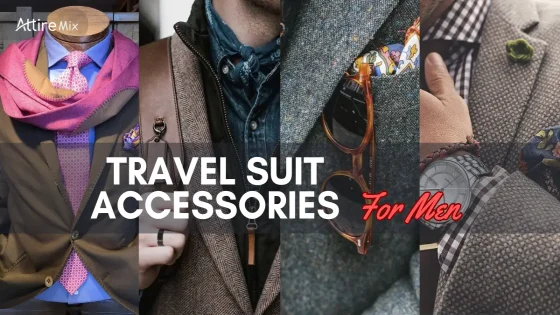 Men's travel suit accessories featuring ties, pocket squares, and watches with travel accessories.