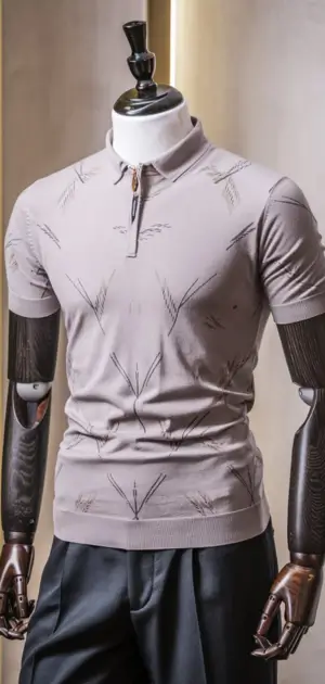 Beige polo t-shirt with zipper and fine abstract leaf patterns