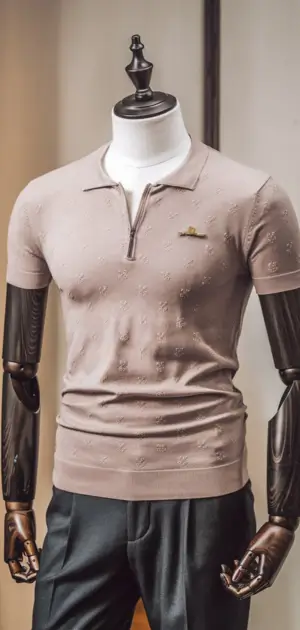 Light beige polo t-shirt with zipper and embossed floral patterns