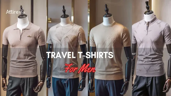 Collection of beige travel t-shirts for men in polo and crew neck designs
