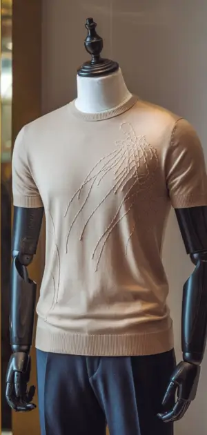 Beige crew neck t-shirt with embossed abstract feather pattern