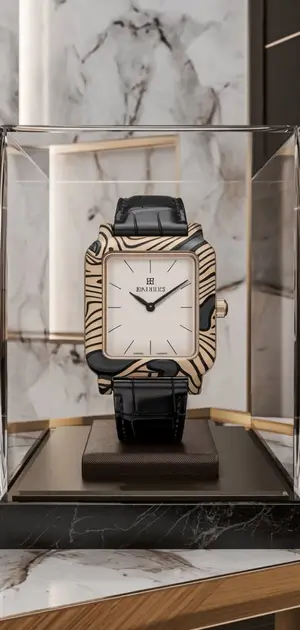 Square dial watch with gold and black striped details and a leather strap in a marble setting.