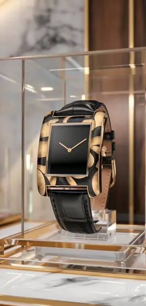 Sleek black rectangular watch with gold details and a leather strap, displayed in a glass case