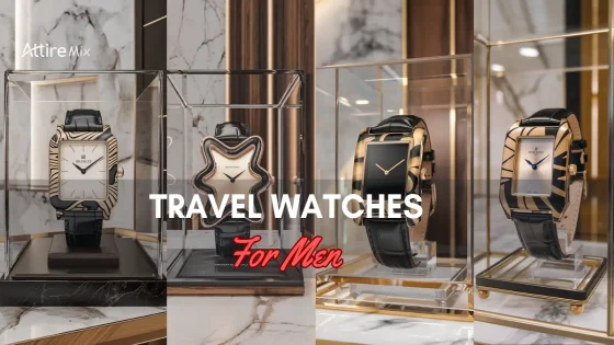 Collection of stylish travel watches for men displayed in modern glass cases