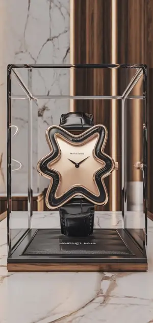 Unique star-shaped watch dial with gold and black detailing, displayed in a glass case