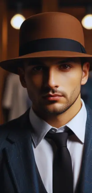 Elegant men’s bowler hat paired with leather boots.
