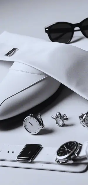 Collection of white linen accessories for summer suits