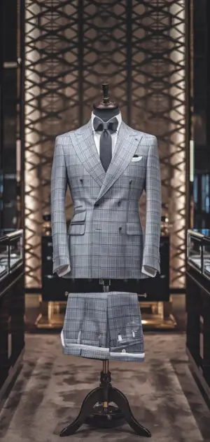 Sophisticated grey check two-piece suit on display