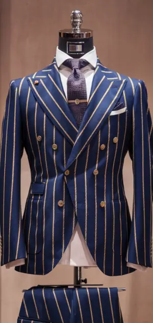 Blue suit with golden stripes and double-breasted design