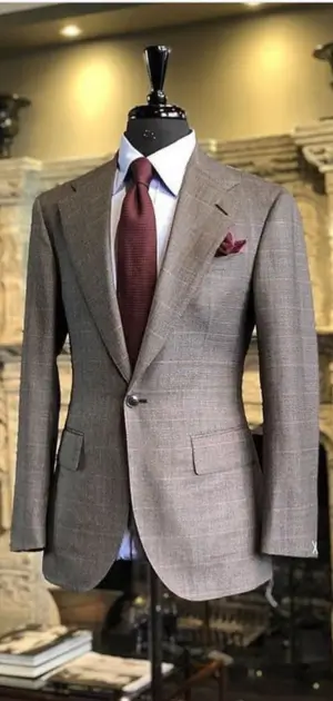 Designer linen suit for men, Brown linen formal suit styled with a burgundy tie and matching pocket square.