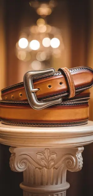Vintage belt with detailed buckle on white column