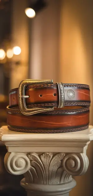 vintage belts on a marble column
