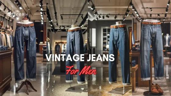 collection of vintage jeans for men displayed in a premium showroom