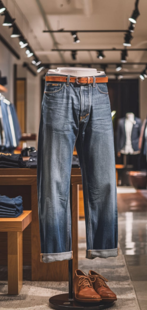 Tailored vintage jeans with rolled cuffs on display