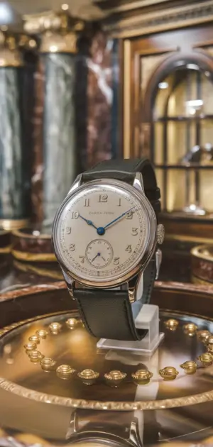 Detailed vintage watch with brown leather strap.