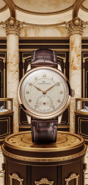 Vintage watch with light face and brown leather strap.