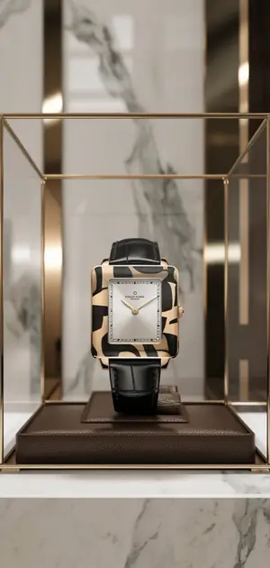 Rectangular watch with abstract gold accents and a black strap in a display case