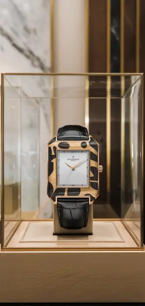 Abstract patterned rectangular watch with a gold-tone case and black leather strap