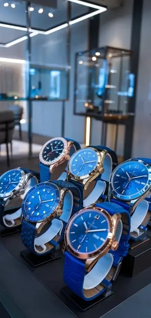 Blue watches with gold trims displayed on a reflective surface