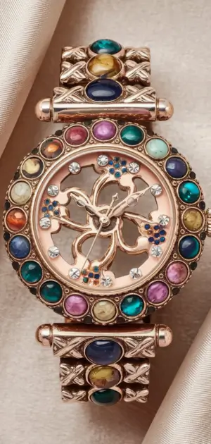 Golden bohemian watch with colorful gemstones on a brown leather strap.