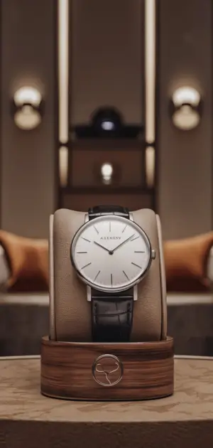 Minimalist watch with gold details and blue leather strap