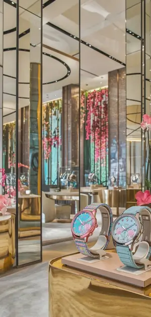 Spring-themed men's watches displayed with floral decorations and gold accents