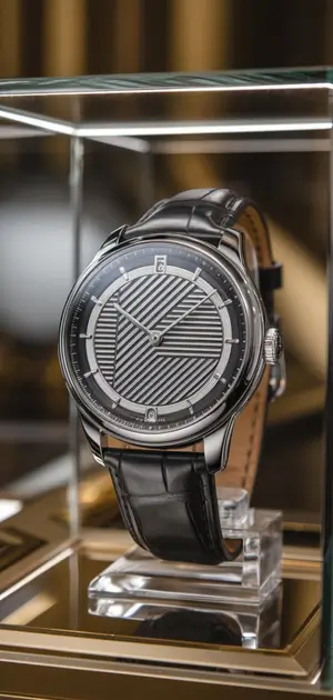 Striped pattern watch with a silver-tone case and leather strap