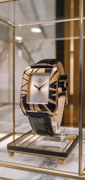 black leather strap watch with a gold-patterned rectangular dial in a glass case
