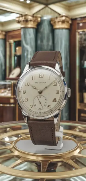 Vintage watch with complex face and dark brown strap