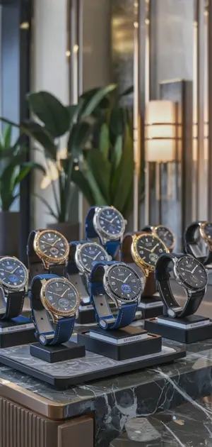 Luxury men's winter watches in a gold-toned display with dark accents