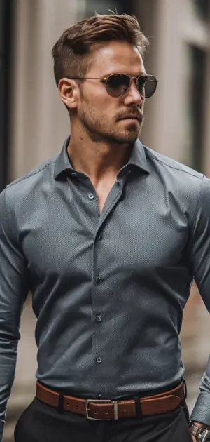 Gray athletic formal shirts for men's styled with black trousers and a brown belt.