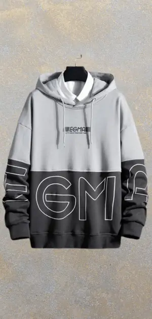 Men's gray and black hoodie featuring bold lettering and a modern design.