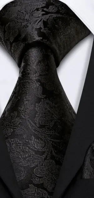 Black ties for men nearby featuring detailed paisley patterns, ideal for formal wear.